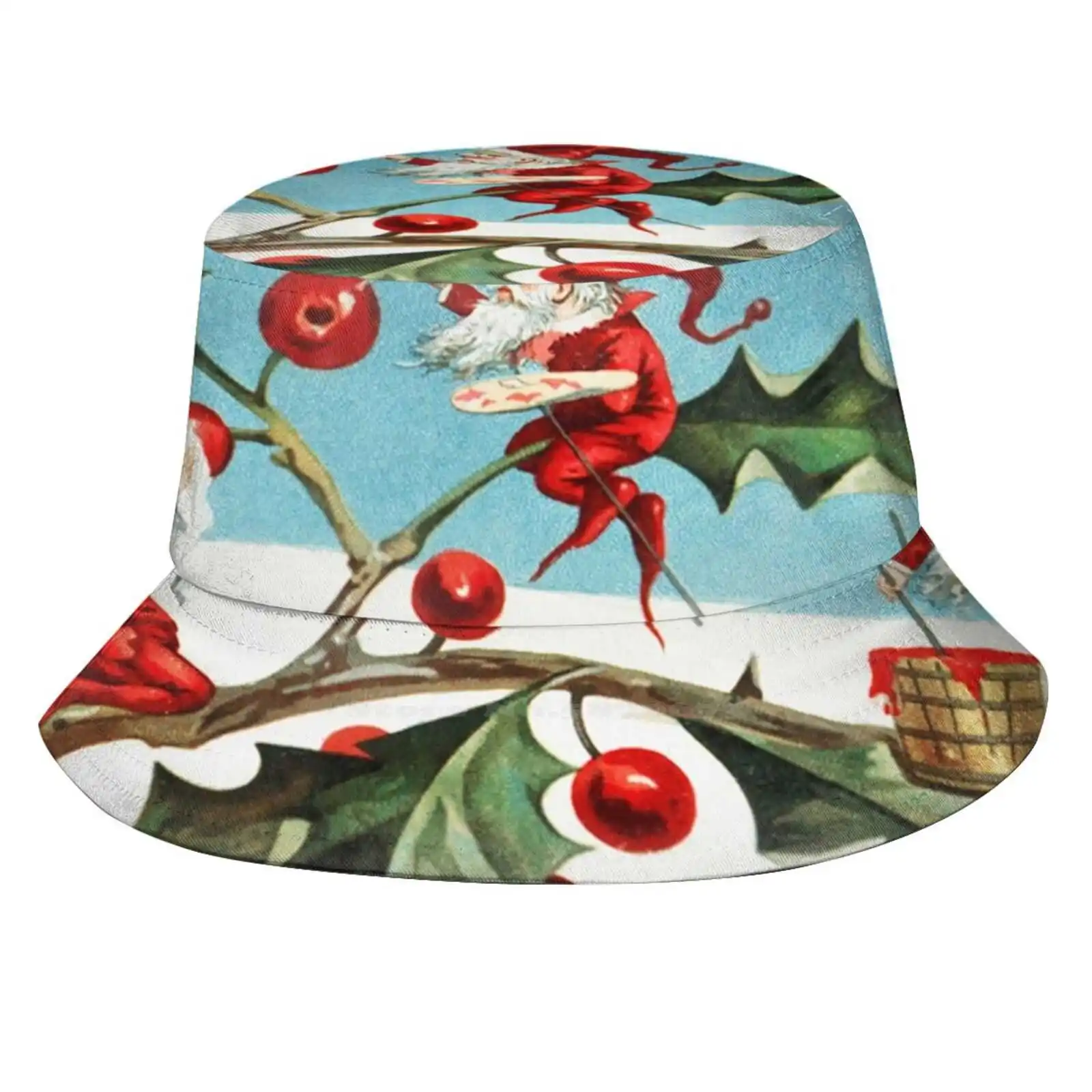 Vintage Santa Elves Painting Berries On Holly Leaves By L. Prang & Co Unisex Fisherman Hats Bucket Hats Vintage Santa Vintage