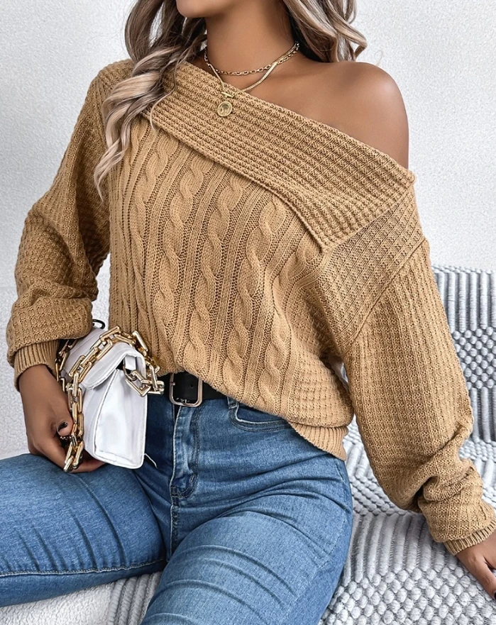 Sexy Elegant Skew Neck Long Sleeve Cable Knit Sweater T-Shirt Pullover Tops 2025 Autumn Winter Spring New Fashion Casual