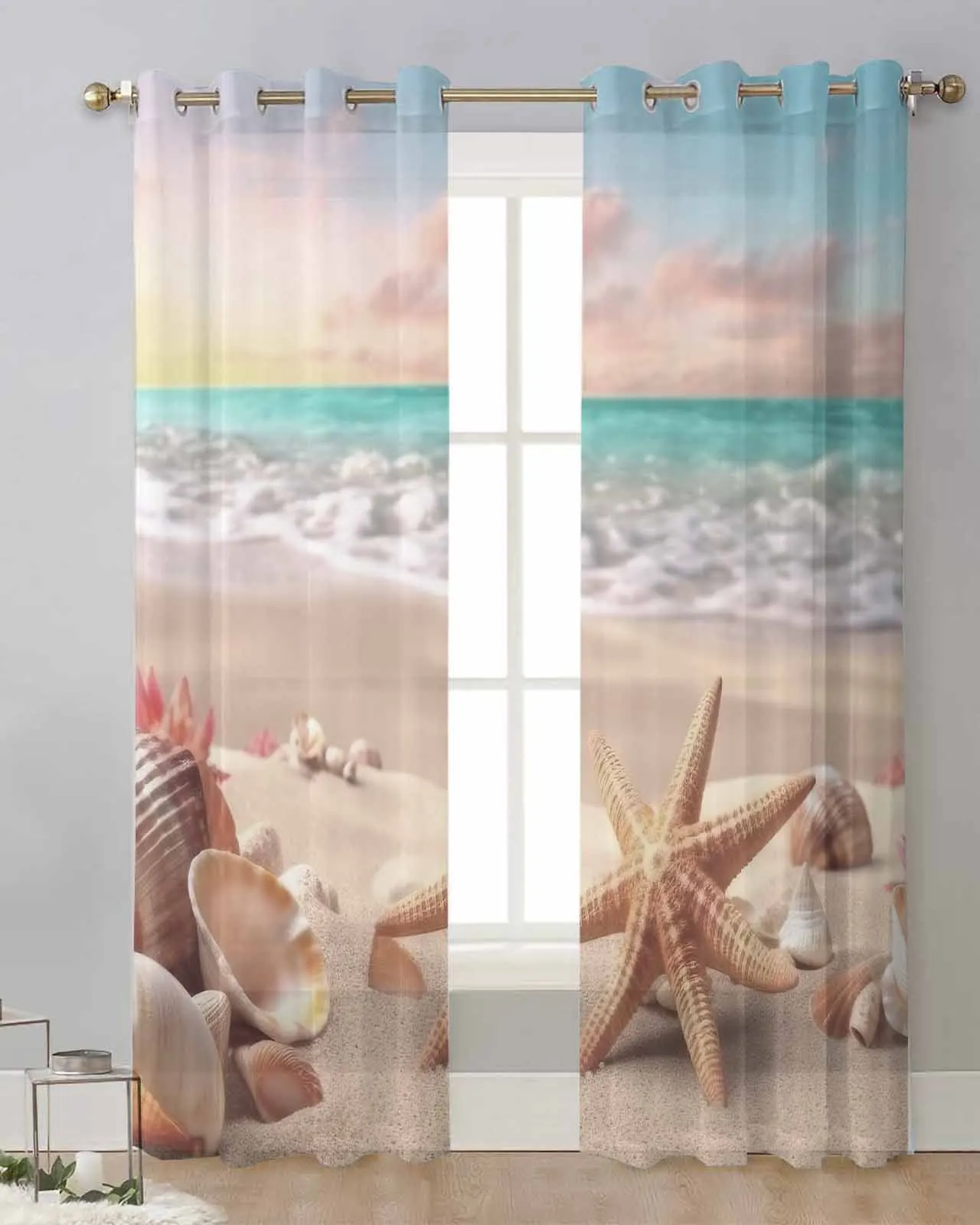 Summer Beach Starfish Shells Waves Sheer Window Curtains Bedroom Living Room Tulle Curtains Voile Drapes for Kitchen