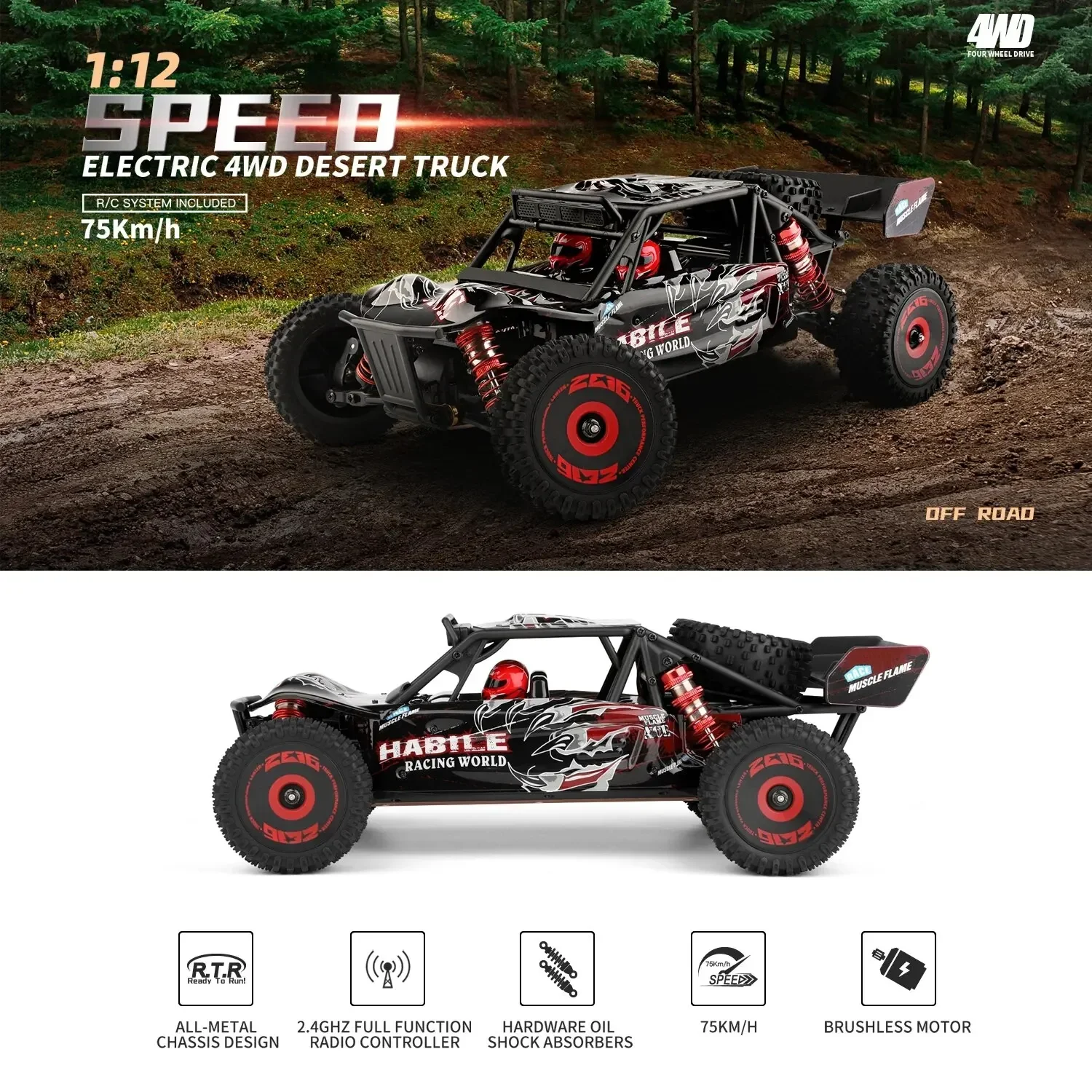 1/12 124016 124018 RC Car 75km/h High Speed Remote Control Truck 4WD Off-Road Drift Climbing Racing Cars Toys for Boys