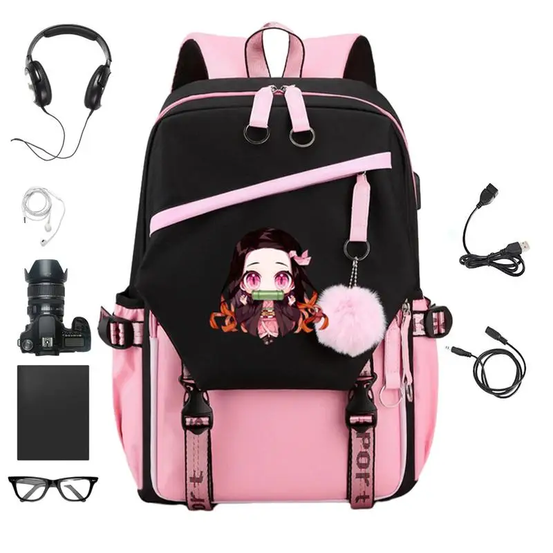 

Japan Anime DemonSlayer Backpack Large Capacity Girls Schoolbag Rucksack With USB Charging Port Cartoon Backpack Laptop Bag