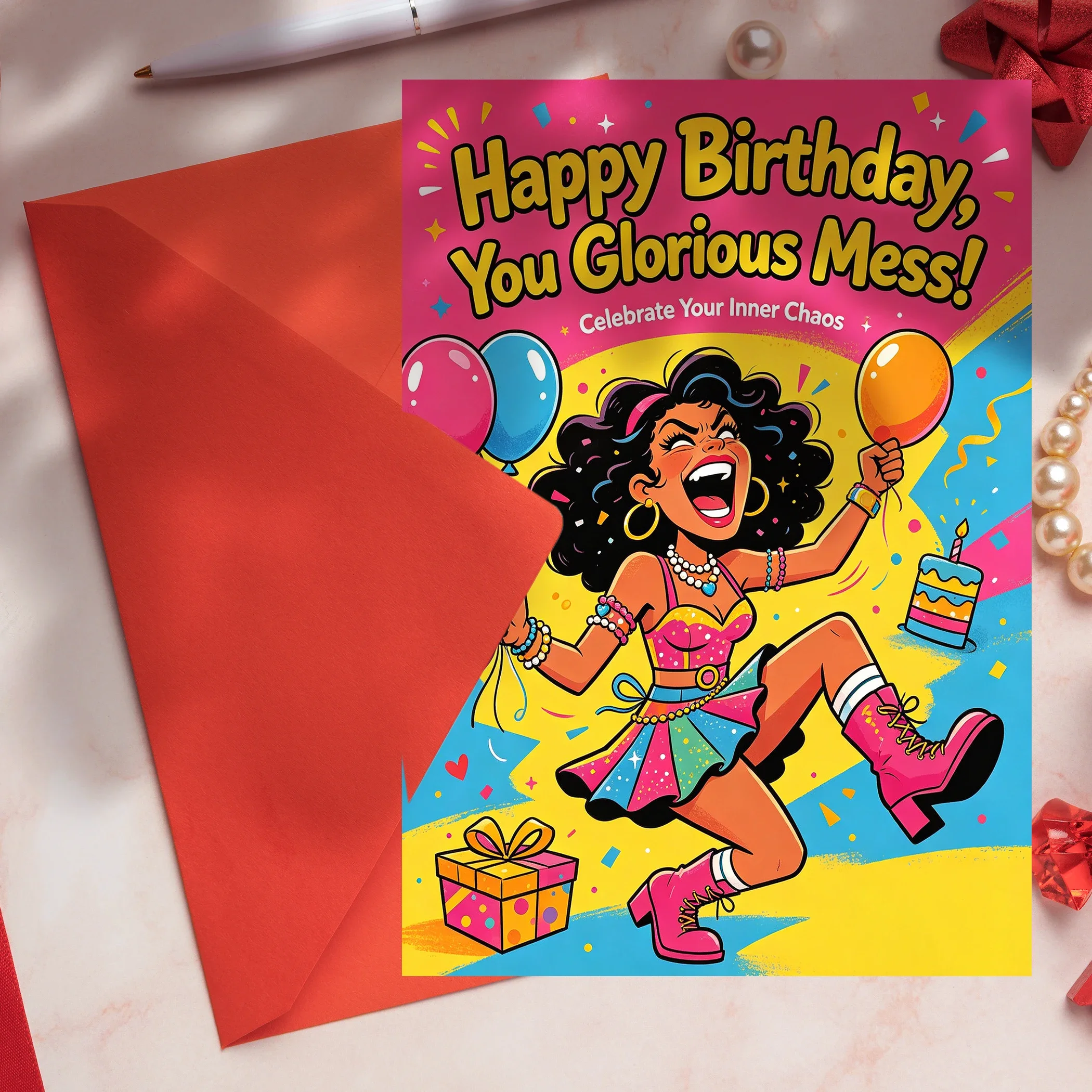 1pc Humorous Birthday Card with Envelope, with Funny Words "Happy Birthday, You Glorious Mess!" for Good Friends