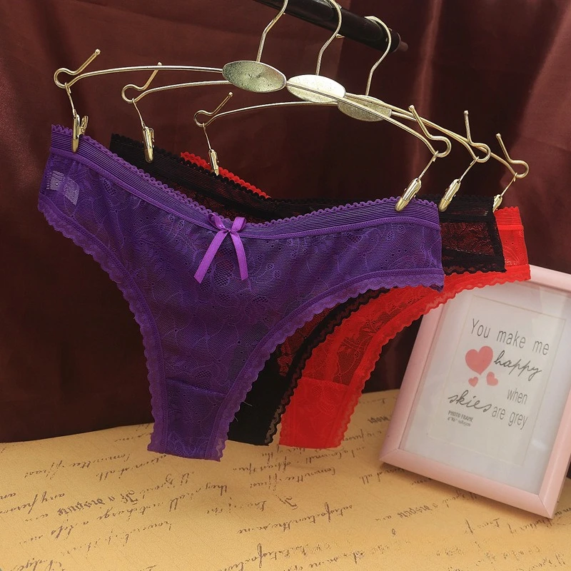 Damskie seksowne stringi z koronkowym żakardem, damska bielizna, bawełniany krok, bezszwowe majtki z kokardką, transparentne stringi, трусы женские