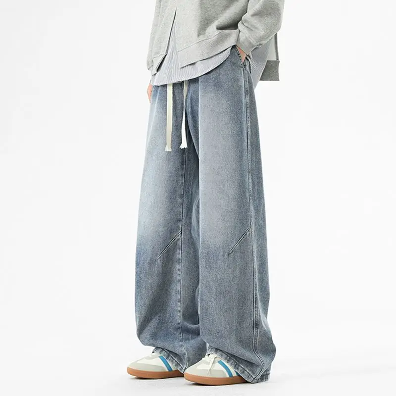 الرجال الربيع والصيف فضفاضة وعصرية النمط الأمريكي الجينز مستقيم أنبوب الرجعية واسعة الساق ثنى السراويل الطويلة غير رسمية #5