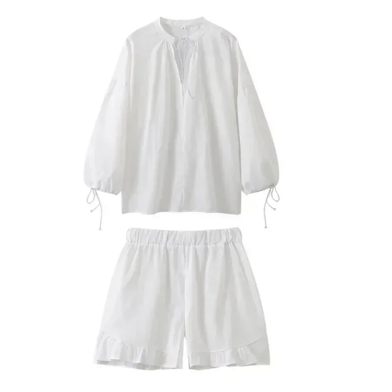 أطقم علوية برباط برقبة على شكل حرف V غير رسمية للنساء ، ملابس بأكمام طويلة ، شورت فضفاض بكشكشة ، بدلات شاطئ ، موضة الشوارع الراقية ، الصيف ،