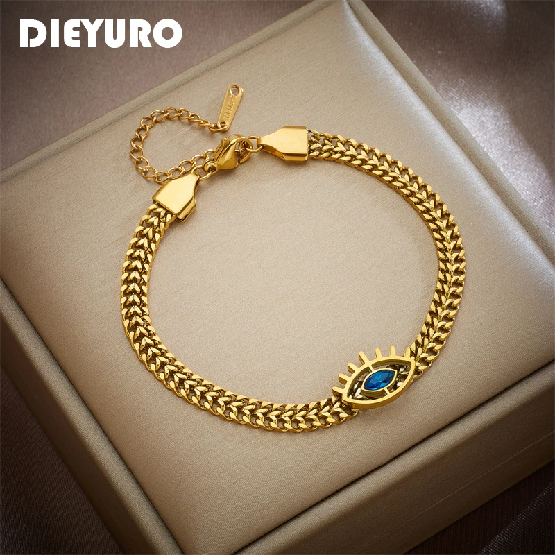 DIEYURO 316L Stainless Steel Blue Zircon Eye Shape Bracelet For Women New Vintage Girls Thick Chain Wrist Jewelry Birthday Gifts