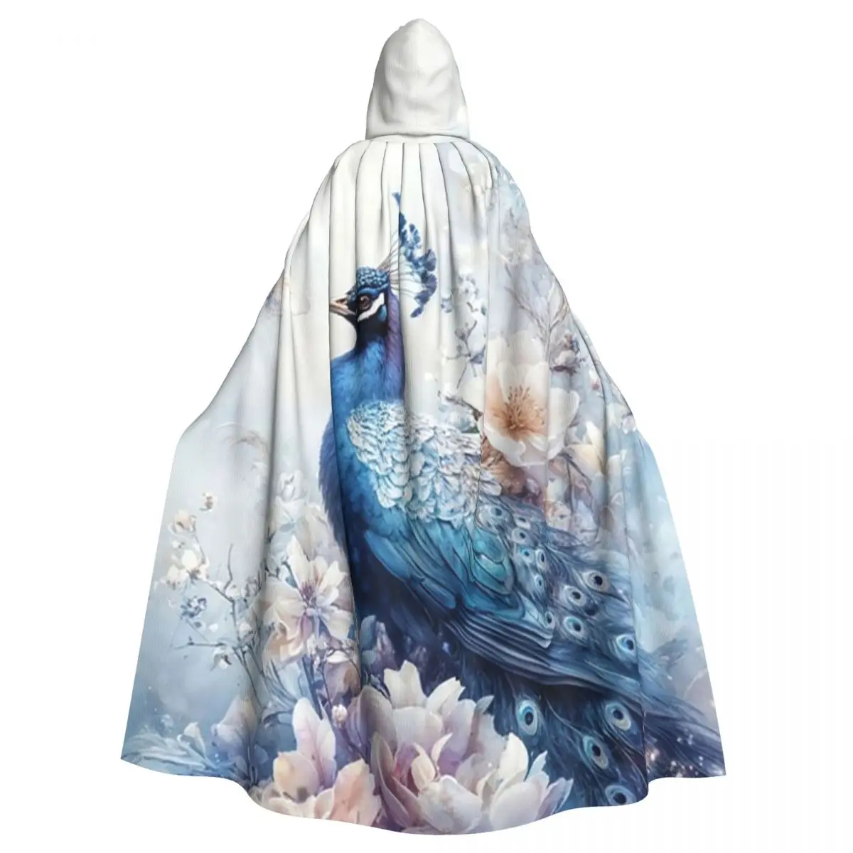 Regal Peacock Nestled Among Delicate Flowers Long Hooded Cloak Witch Medieval Costume Cosplay Cape HalloweenCoat Adult Unisex