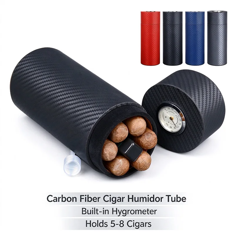 Portable Travel Cigar Tube Carbon Fiber Cover Mini Humidor Cedar Wood Lining Built-in Hygrometer Humidification Kit Gift For Men