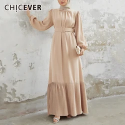 CHICEVER Elegant Pleated Dress O Neck Spliced Beaded Puff Sleeve High Waist Sashes Decoration Elegant Long Skirts Female Autumn