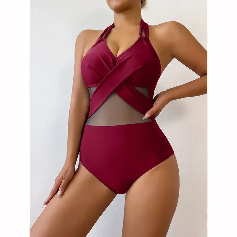 Bikini de una pieza de Color liso para mujer, traje de baño Sexy con escote en V profundo y tirantes sin espalda, traje de baño de malla translúcida de cintura alta