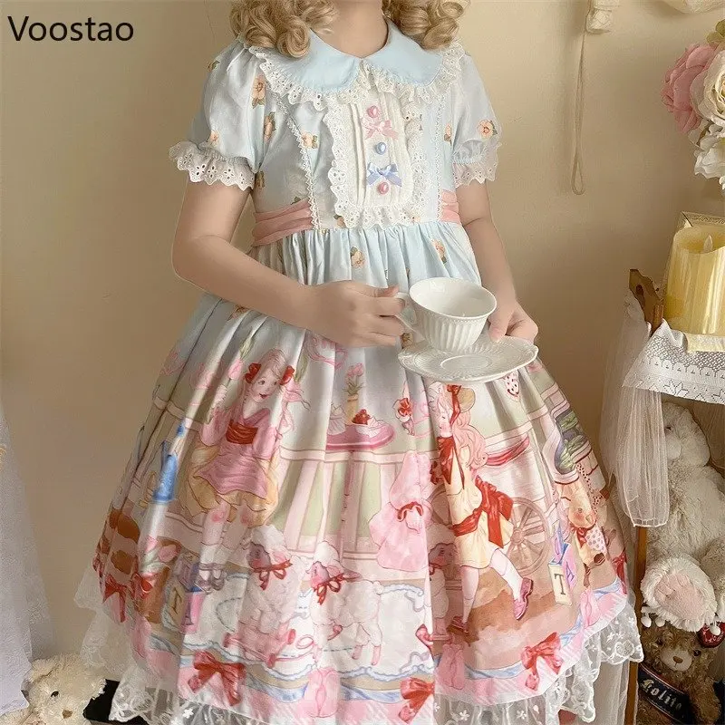 Japanische kawaii lolita Kleid Frauen süße Cartoon geheimen Garten drucken Tee Party Kleider Mädchen niedlichen Peter Pan Kragen Spitze Vestidos