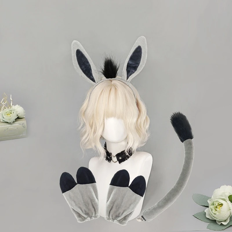 

Cute Plush Donkey Ears Hairbands Furry Little Donkey Tail Fluffy Burro Hoof Gloves Fursuit Halloween Cosplay Props Accessories