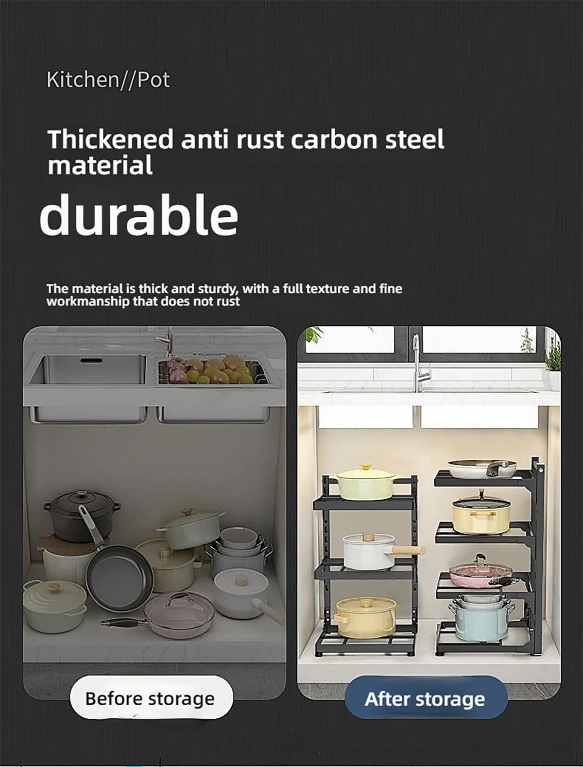 Height Adjustable 2/3/4 Layer Kitchen Shelf Space-saving Kitchenware Storage Household Rack Pot Rack Sink/Corner Applicable