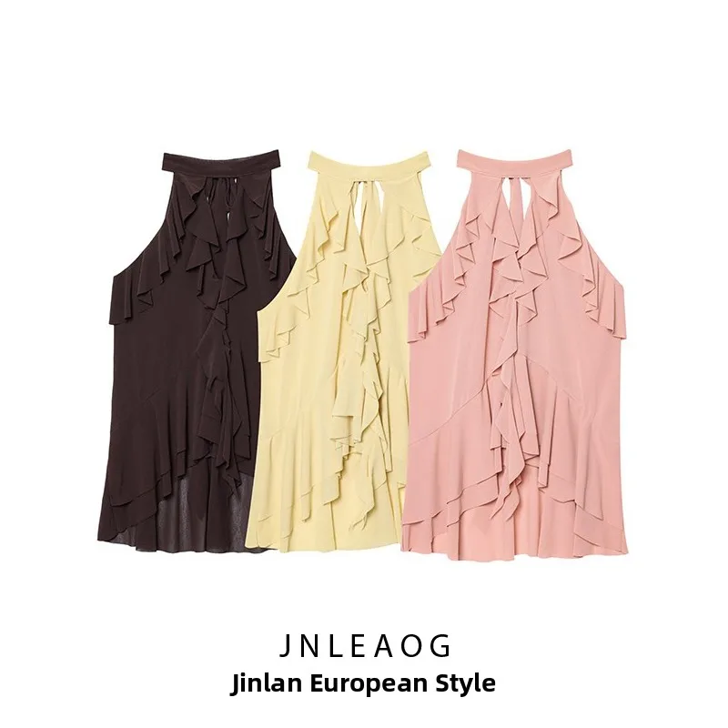Fashionable Layered Decoration Collar Women's Top JNLEAOG Spring New Style Polyester Sleeveless Mid-Length Pure Color