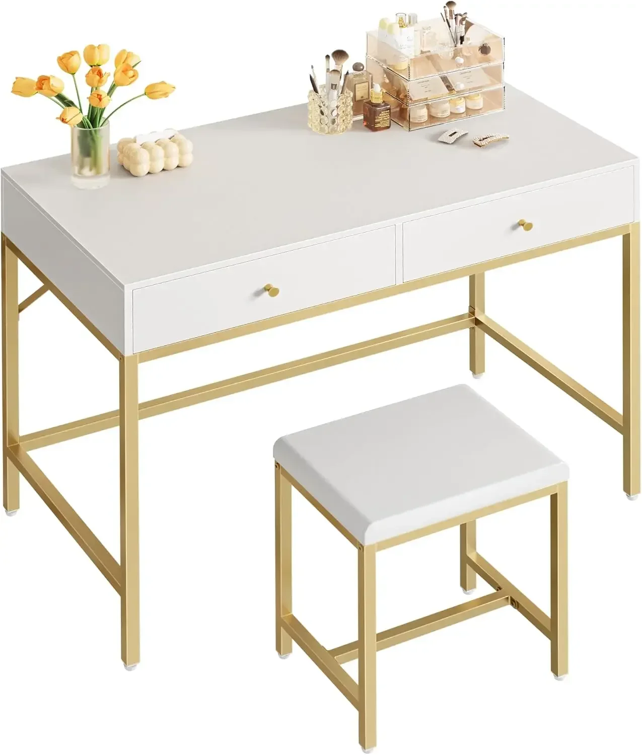 

35.4" White and Gold Desk with 2 Drawers, Modern Makeup Vanity with Padded Stool, Small Computer Desk Home Office Desk for Writi