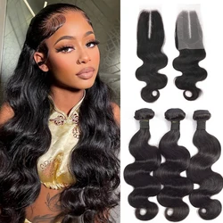 Body Wave Human Hair Bundle Brazilian Remy Hair Natural Body Wave 3 Bundles with Closure 2x6 Lace Kim K Closure Weave Extensions