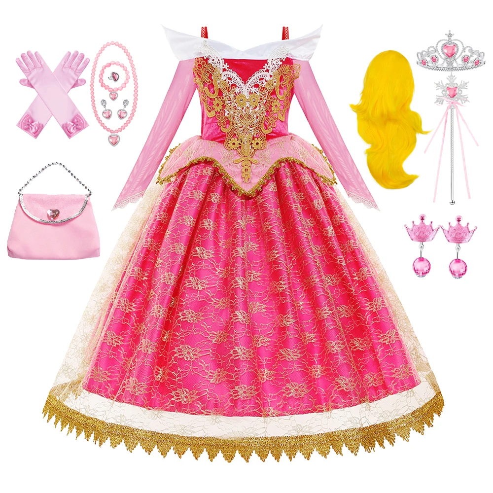 

Children Aurora Dress Sleeping Beauty Cosplay Birthday Theme Party Carnival Fancy Party Girl Lace Dress Set