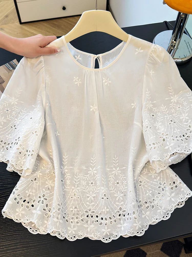 

Korean Style Embroidered Belted Hollow out round Neck Short Sleeve Women's Shirt Summer Heavy Work Cotton Breathable Top