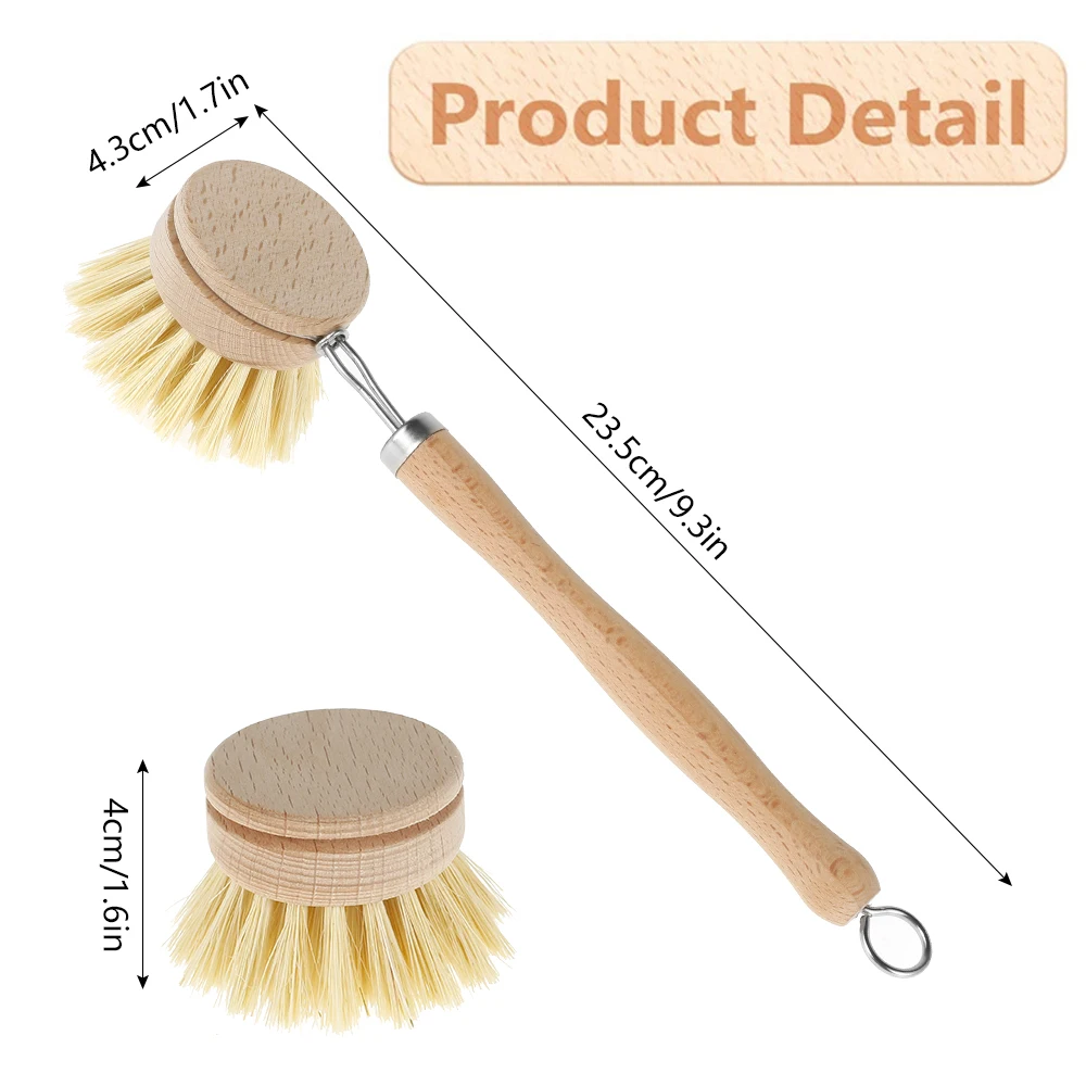 Kitchen Dish Brush Long Handle Wooden Brush with 4 Replacement Brush Heads Household Kitchen Cleaning Tool for Pans Pots Bowl