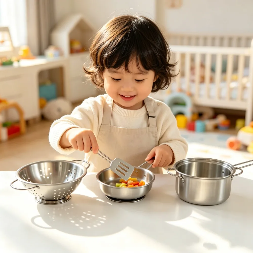 5Pcs Kids Stainless Steel Cookware Toy, Mini Pots Pans with Colander & Spatula, Pretend Play Kitchen Utensils for Kid, Role Play view 4