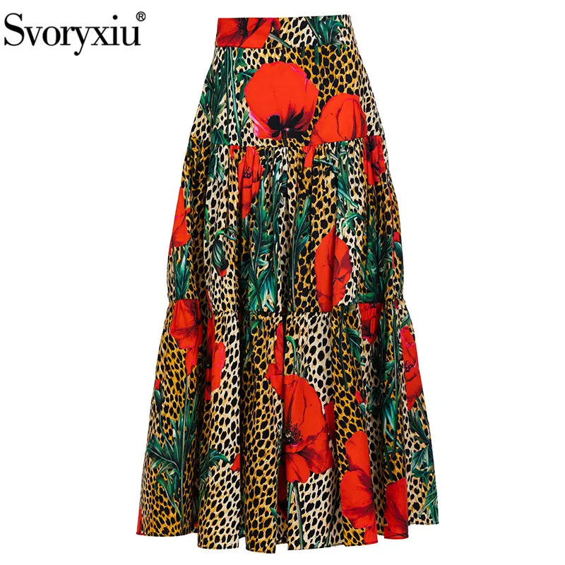 Svoryxiu Hoge Kwaliteit Catwalk Zomer Vintage Katoenen Rok Vrouwen Luipaardroos Print Hoge Taille Geplooide Feestelijke Rokken