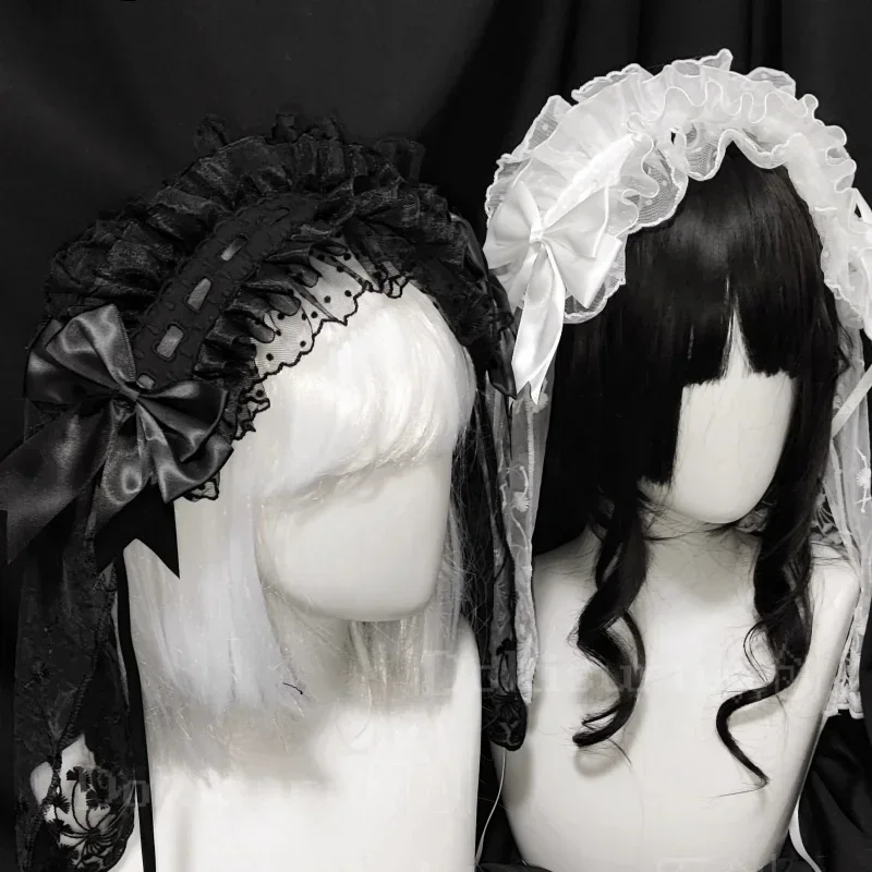 Velo de novia Original de Lolita, diadema versátil, lazo de encaje oscuro gótico, tocado de Ángel, accesorio para el cabello con volantes para Cosplay de Lolita