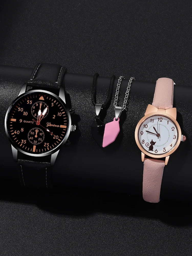 4pcs Fashion Versatile Creative Personalized Men and Women Couple Watch Quartz Watch with Love Pendant Necklace Combination Set