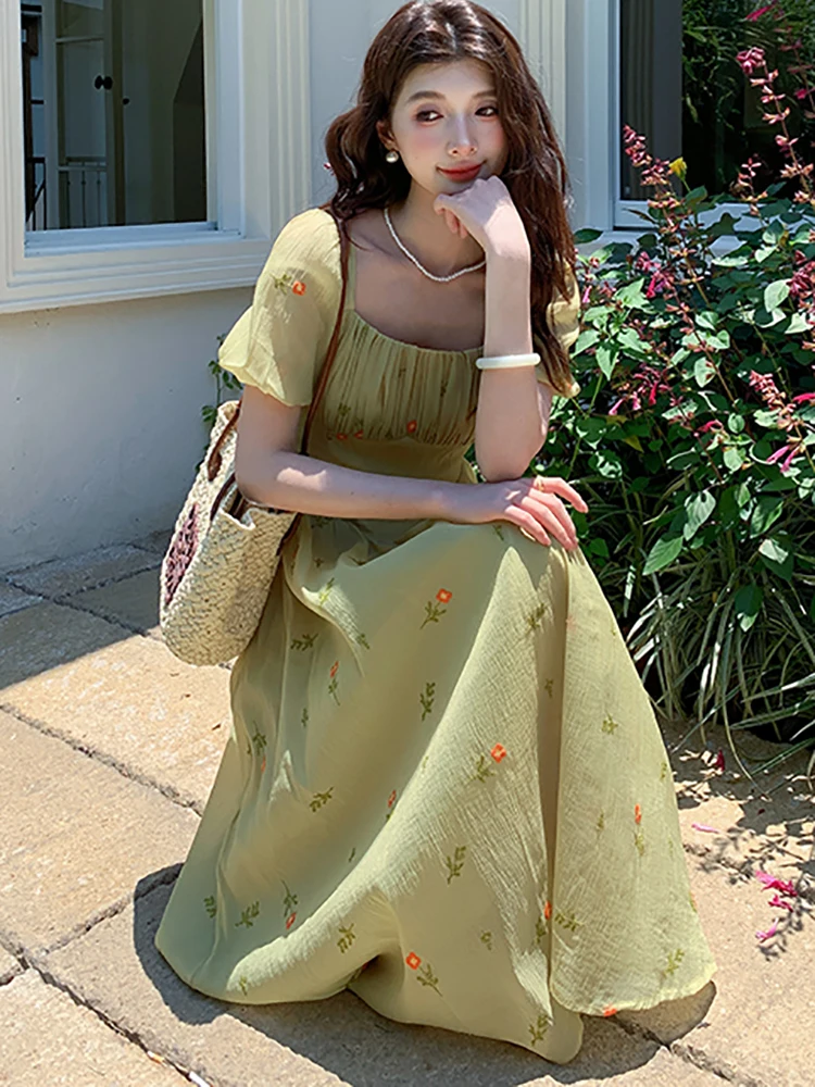 Letnia Zielona Elegancka Sukienka Długa z Haftem Kwiatowym Damska Bufiaste Rękawy Kwadratowy Dekolt Codzienna Sukienka 2025 Koreańska Sukienka Bodycon Wieczorowa