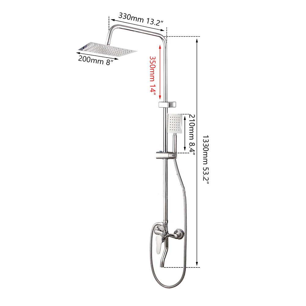 JIENI 8 Inch Chrome Polish Bathroom Rainfall Wall Mounted Shower Set Adjust Height With Handheld Hot Cold Water Mixer Tap Faucet