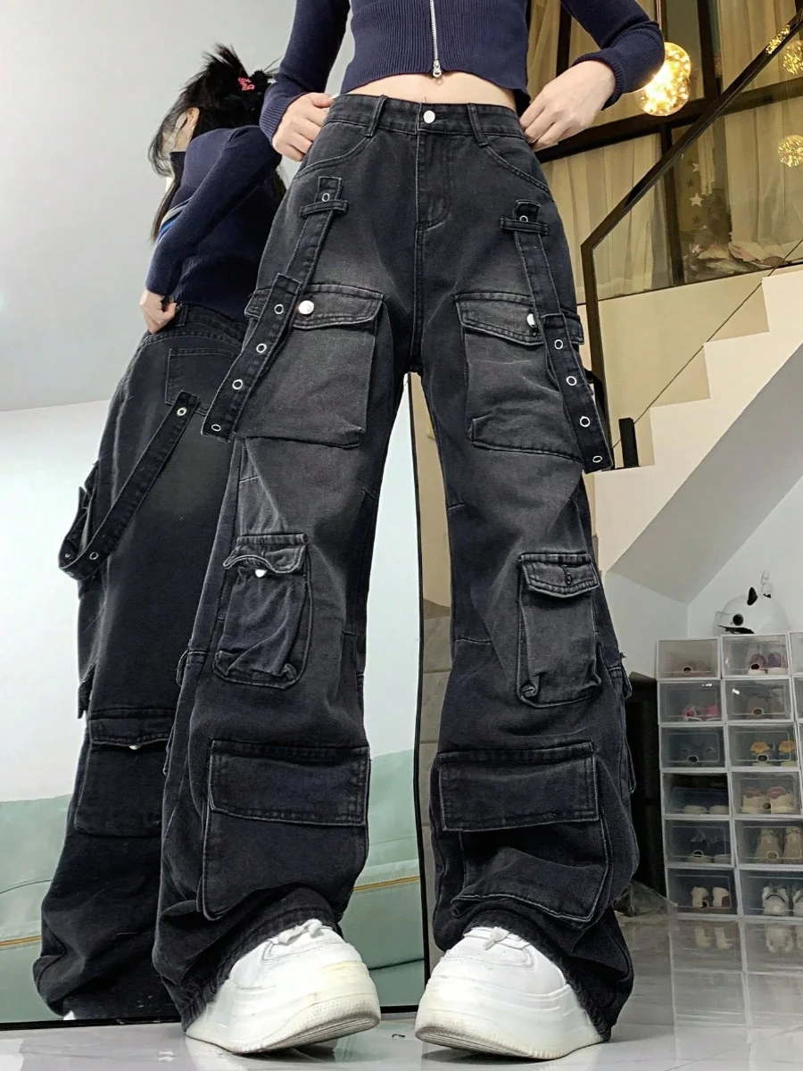 

Chic Summer American High Street Wide Leg Pants Loose Multi Pocket Workwear Denim Women's High Waist No Stretch Summer