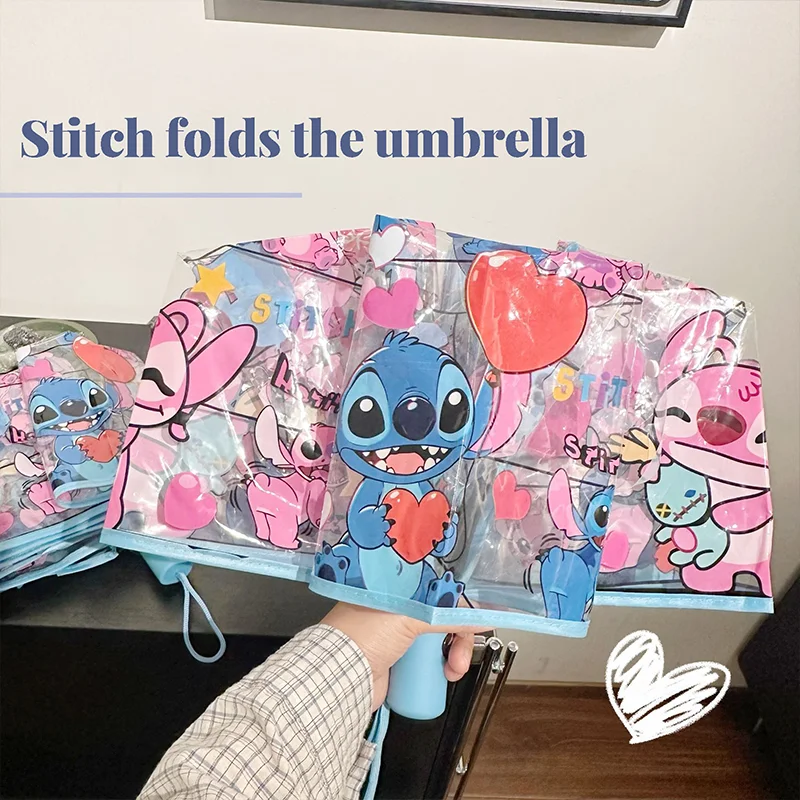 Parapluie pliant Kawaii Stitch, personnage de dessin animé, imperméable, à la mode, Portable, Transparent, cadeau pour garçon et fille