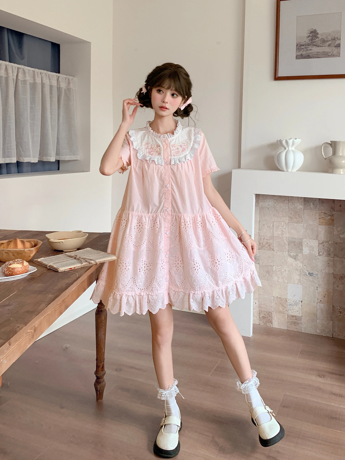 

Sweet Style Embroidered Design Hollow out Cotton Short Sleeve Women's Dress Loose Waist Button up A-Line Skirt Summer New