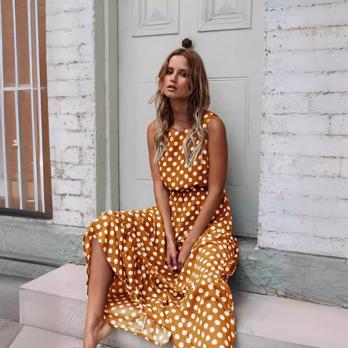 Round Neck Polka Dot Dress Long Western Style with Casual Regular Sleeve Mid Waist Patchwork Summer Sleeveless Dresses for Women