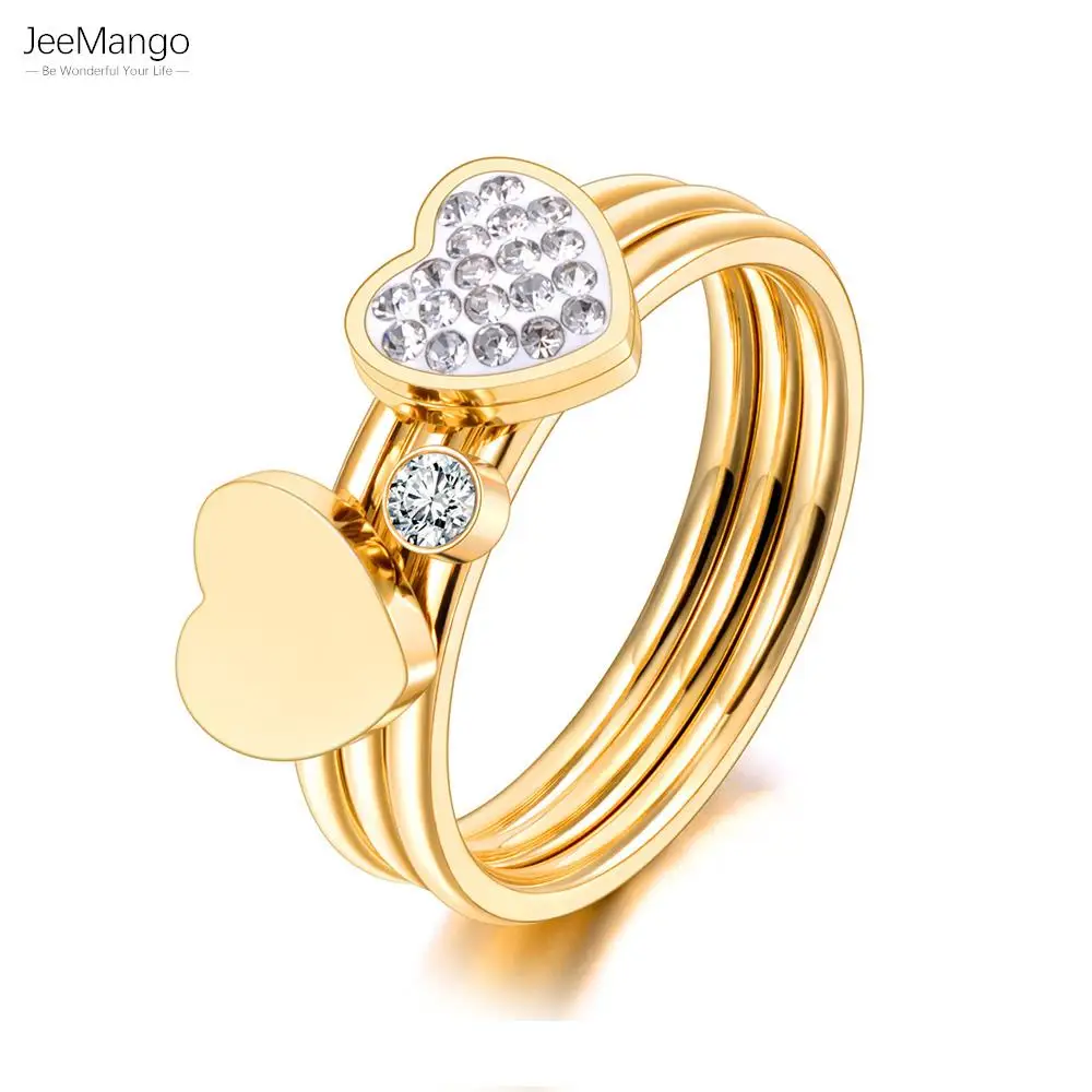 JeeMango Trendy 3 In 1 Mosaic CZ Crystal Love Heart Ring Jewelry Stainless Steel Wedding Engagement Ring For Women Girl JR21032