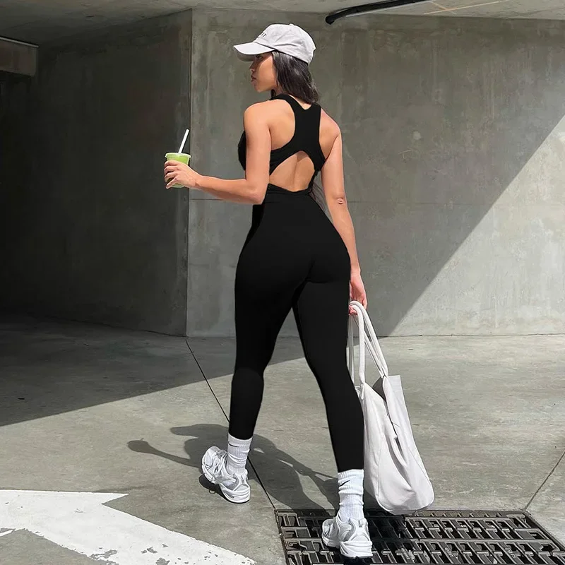 Solid Color Zipper Sleeveless Openwork Backless Knit High Elastic Leisure Sports Jumpsuit Pants Fitness Clothes