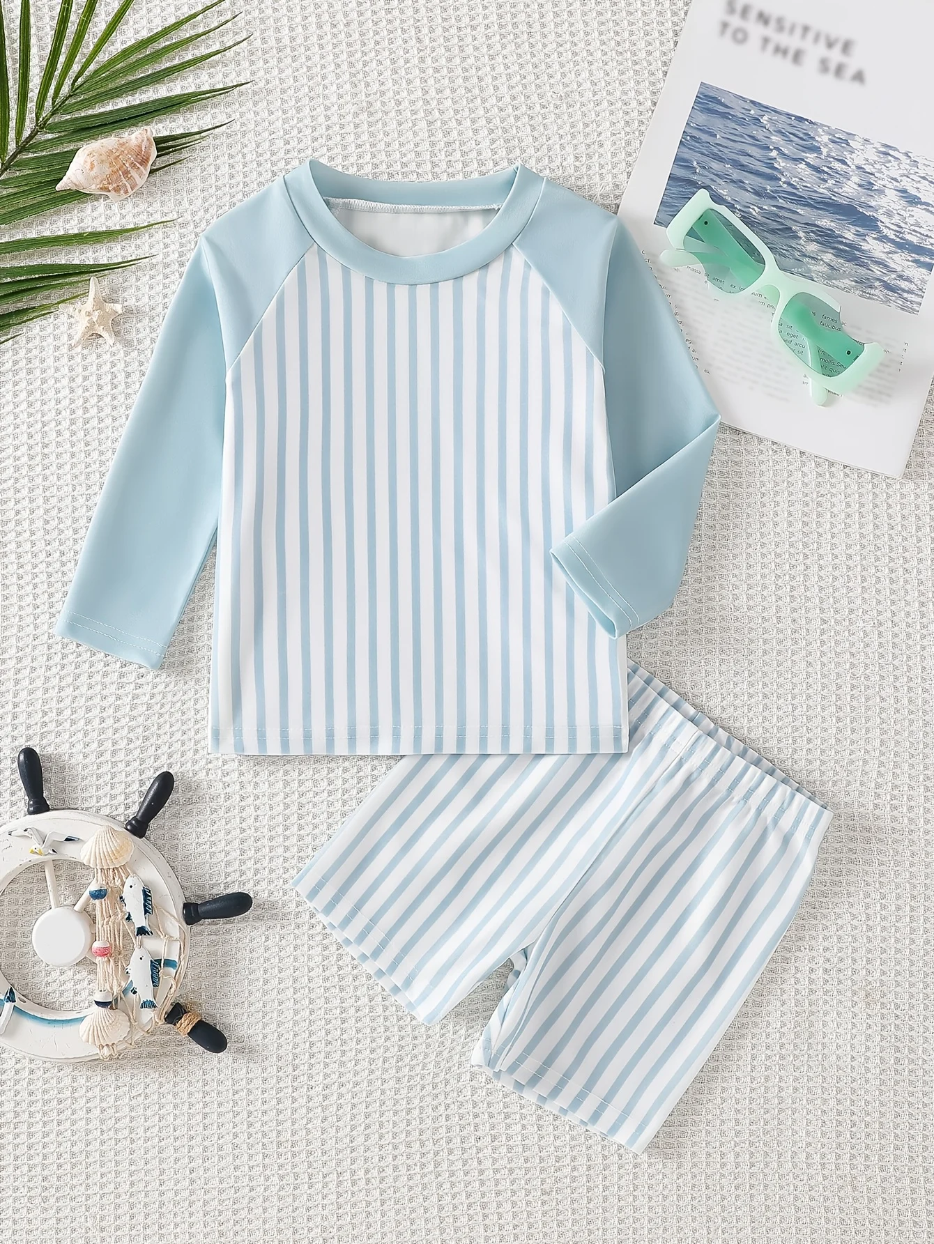 

Summer Boys' Swimsuit: Light Blue Striped Surf Suit with Shorts Set | Valentine's Day / Birthday Gift