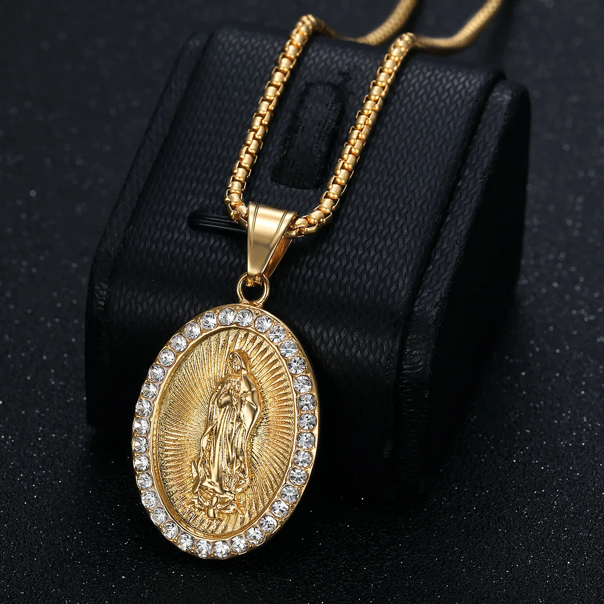 Collares con colgante de oración de la Virgen María, color dorado, acero inoxidable 316L con diamantes de imitación, joyería para mujeres/hombres