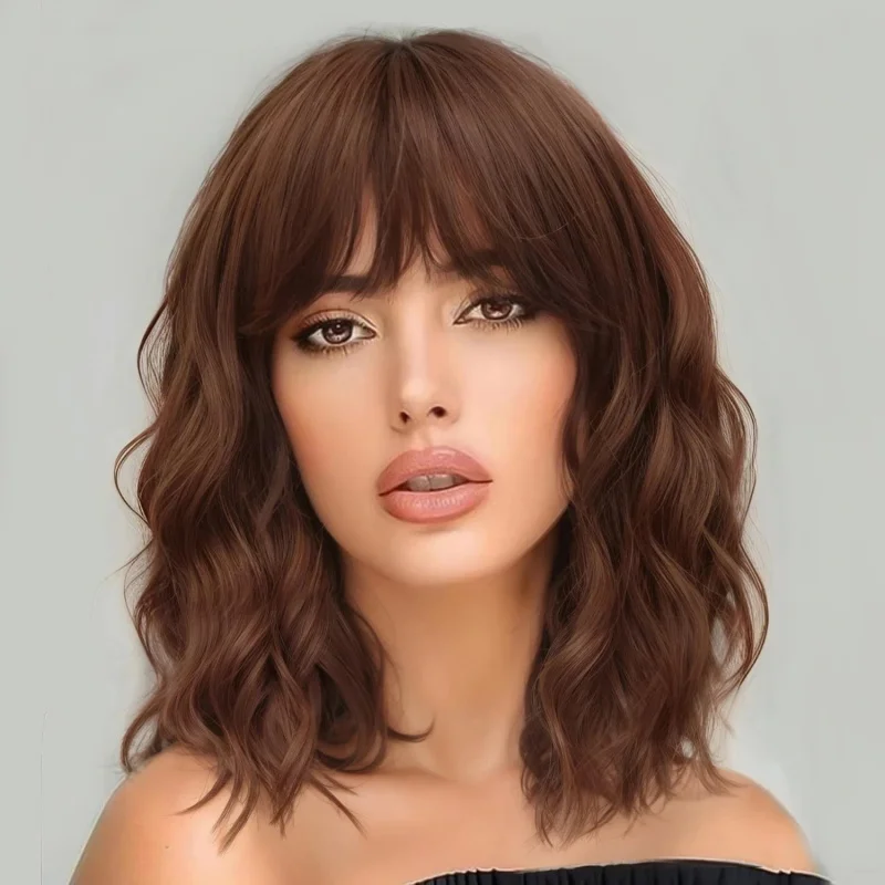 

100% Human Hair Fashion Women's With Bangs Medium Natural Brown Wigs 14 In