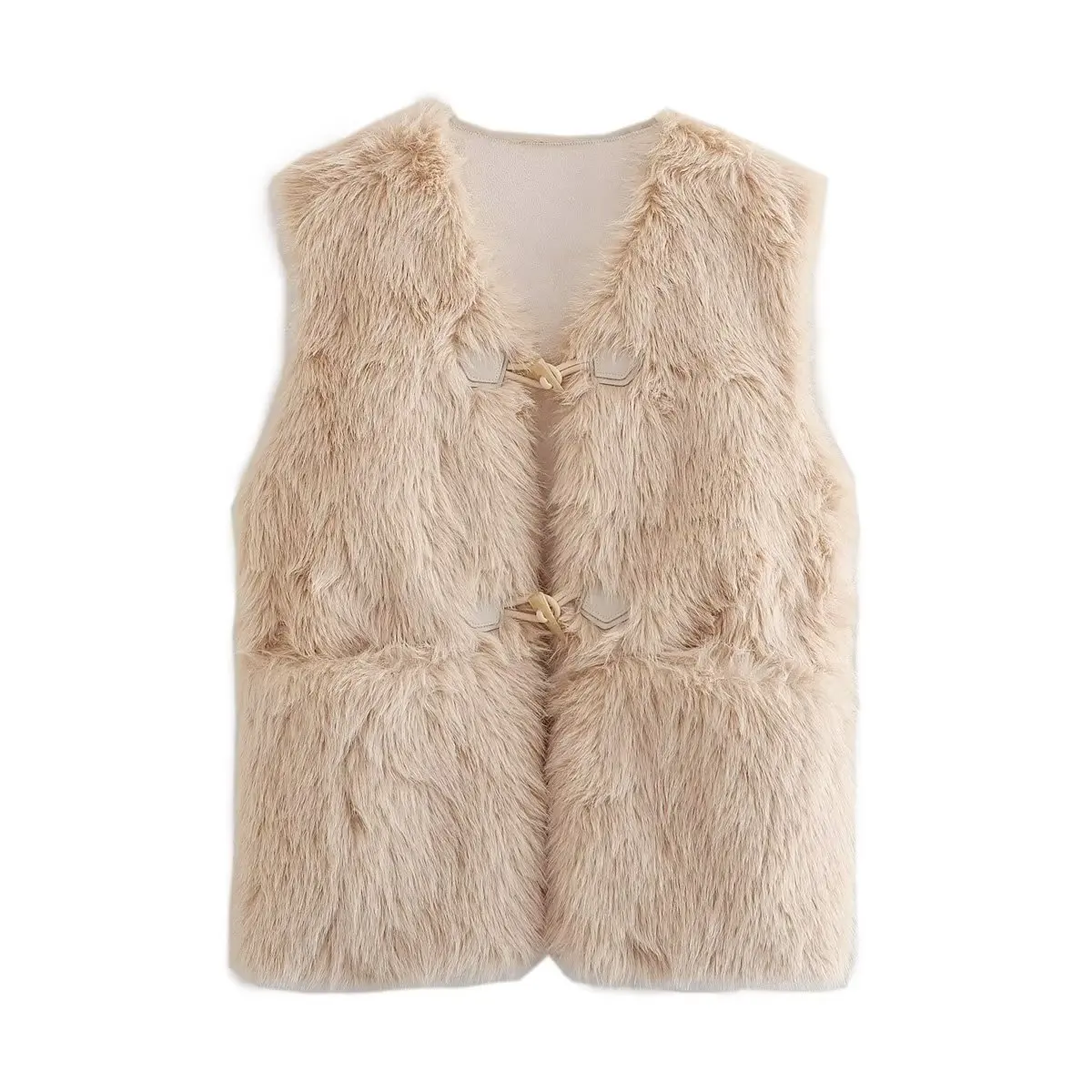 

Khaki V Neck Faux Fur Vests Horn Button Sleeveless Women's Furry Jacket Stylish Mid Long Plush Coat Winter Loose Fluffy Top Y2k