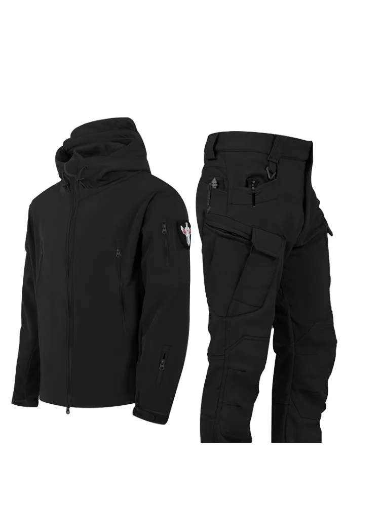 Zestaw kurtki i spodni trekkingowych 5XL 6XL, imitacja skóry rekina, miękka skorupa, wiatroodporny, wojskowy, taktyczny, zimowy, ocieplany aksamitem. — 2
