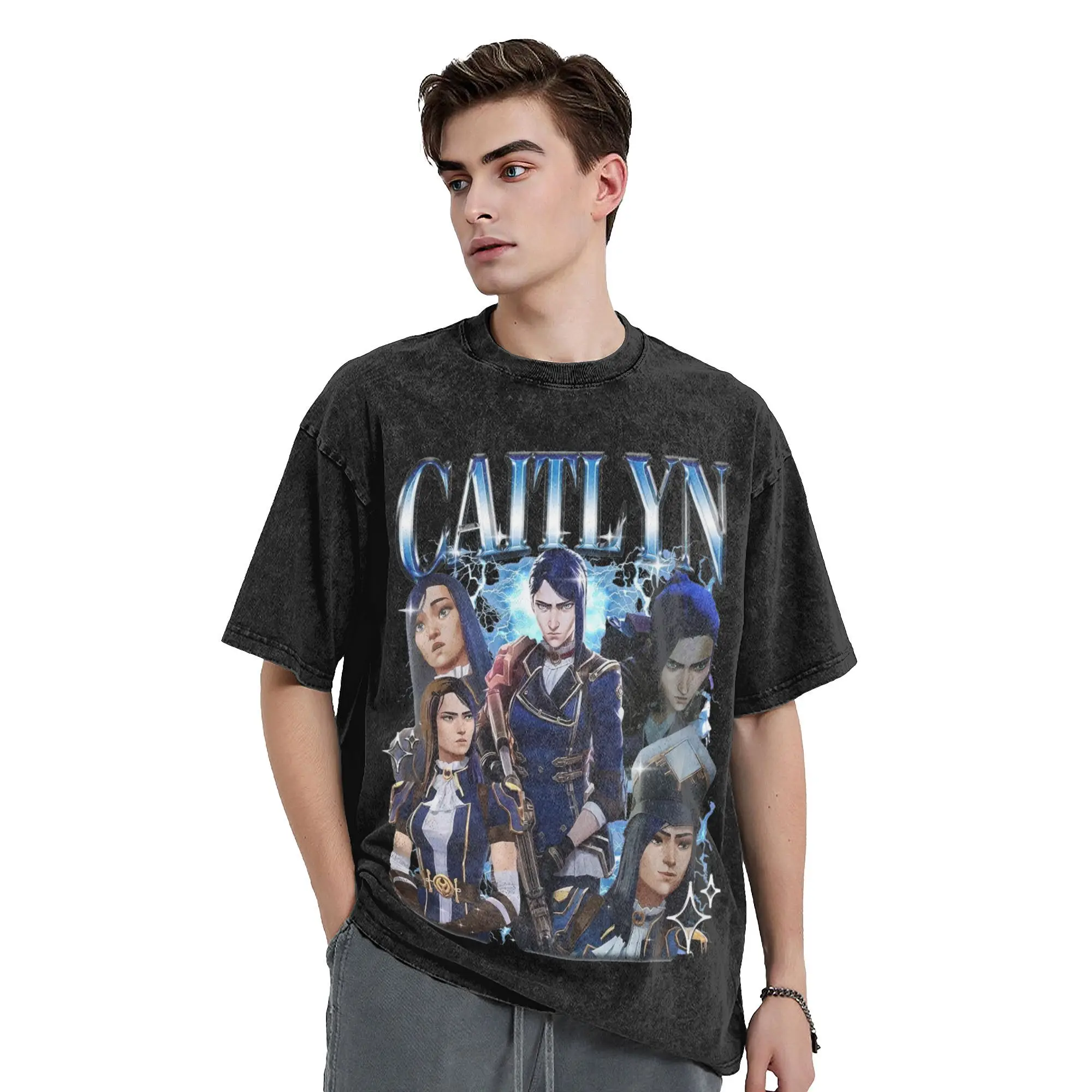 Arcane Caitlyn Arcane game movie  T Shirts Hip Hop Washed Short Sleeve Oversize T-Shirts  Retro Men Women Streetwear Tees