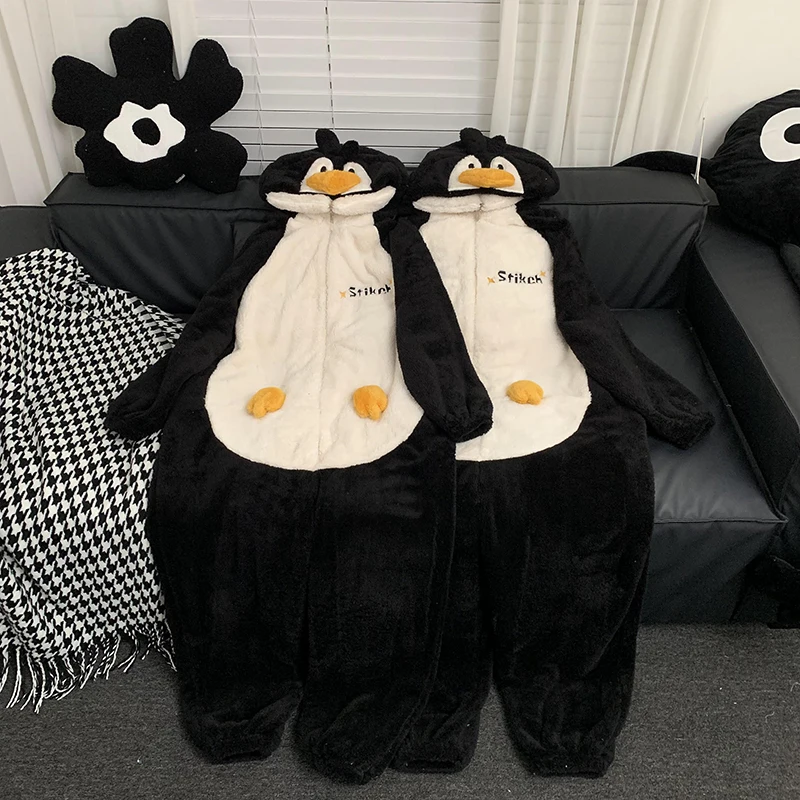 Lovely Penguin Couples Pajamas Jumpsuits Women Men Sleepwear Winter Thicken Hooded Pyjamas Coral velvet  Loose Onesie Soft Warm