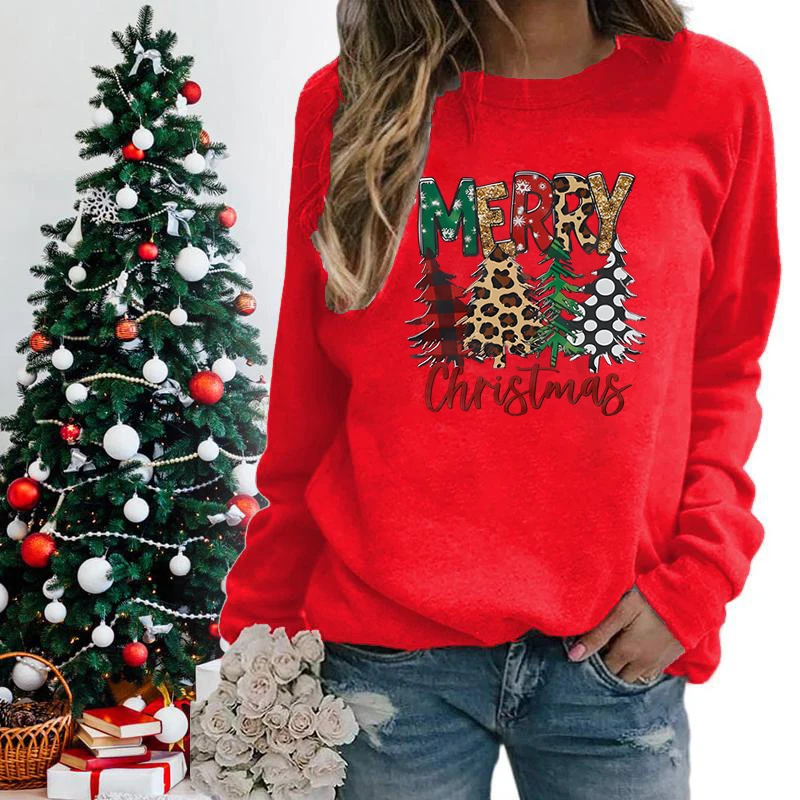 Christmas Trees Merry Christmas Sweatshirts For Women Crew Neck Long Sleeves Winter Fashion Ladies Xmas Gifts Sweatshirts