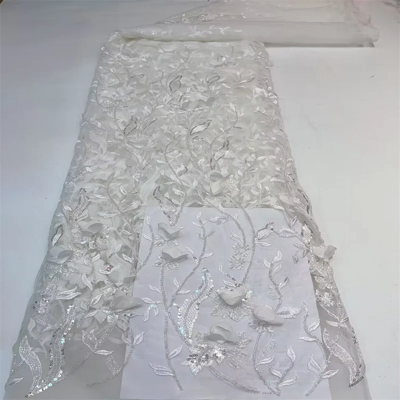 2023 Elegant African Lace Fabric 5 Yards High Quality 3D Flower Soft French Tulle Nigerian Wedding White Women Dress Laces