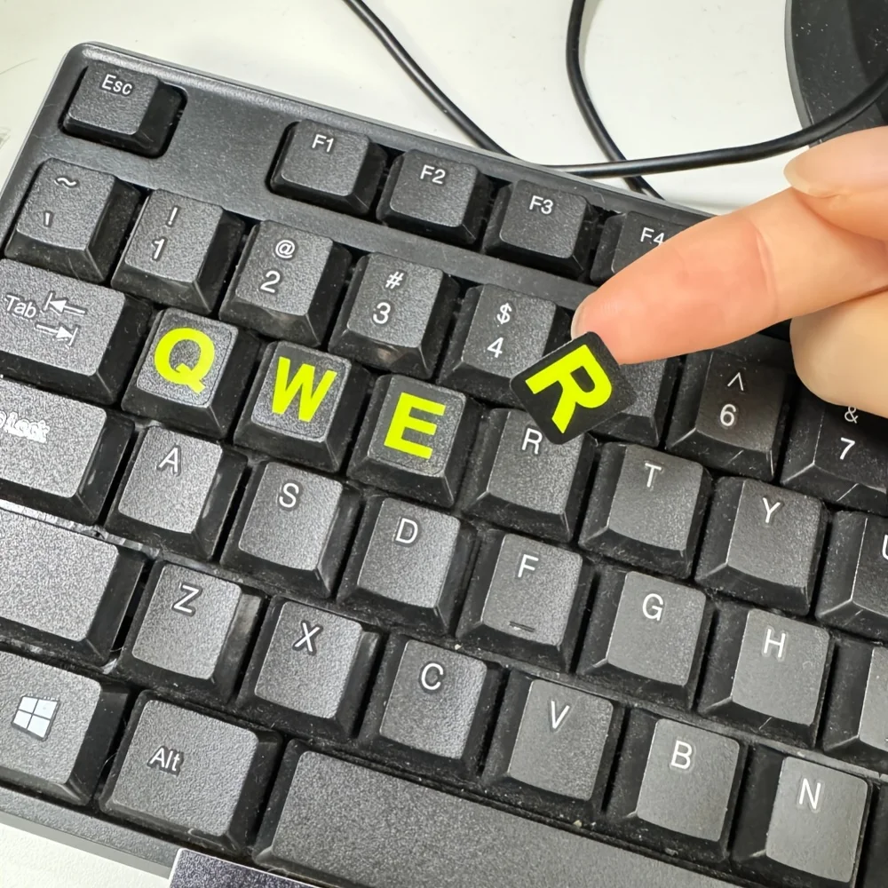 1pc Luminous Yellow English Keyboard Stickers, Full Layout with Number Keys, Self Adhesive Replacement Decals