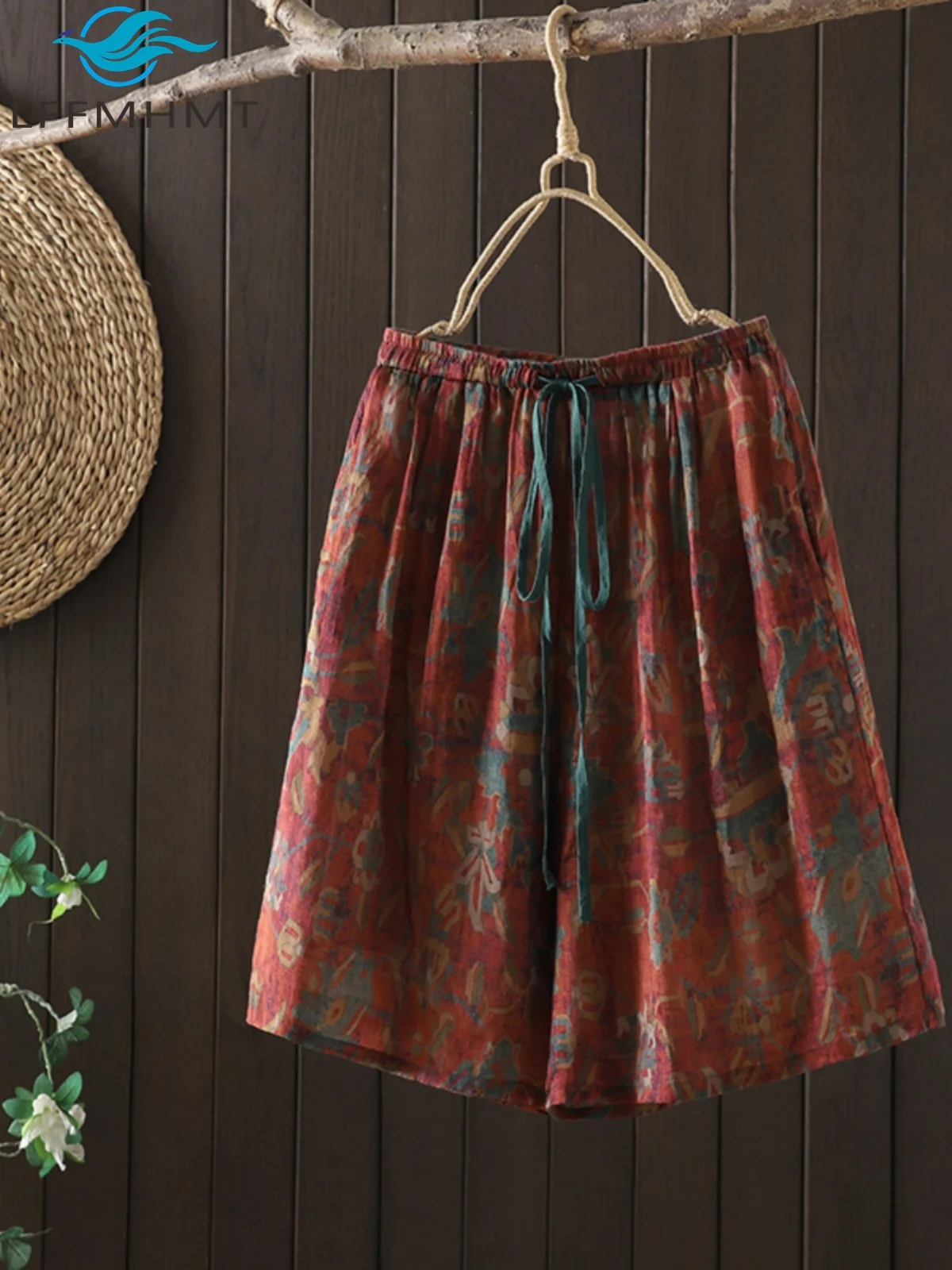 Pantalones cortos con cintura elástica y estampado de flores para mujer, pantalones cortos rectos de cintura alta y pierna ancha de media longitud, pantalones Vintage para mujer