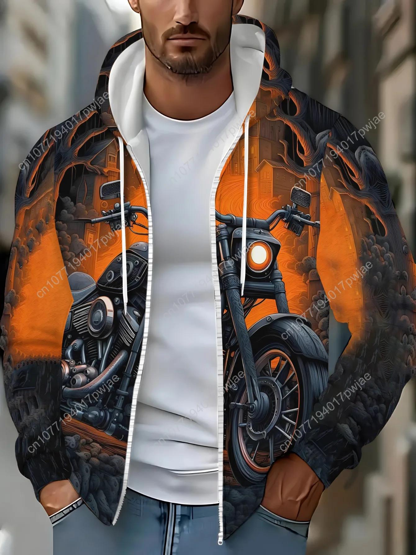 Moletom masculino estiloso com estampa de motocicleta – poliéster durável, leve e respirável, laranja com detalhes pretos, design com zíper para