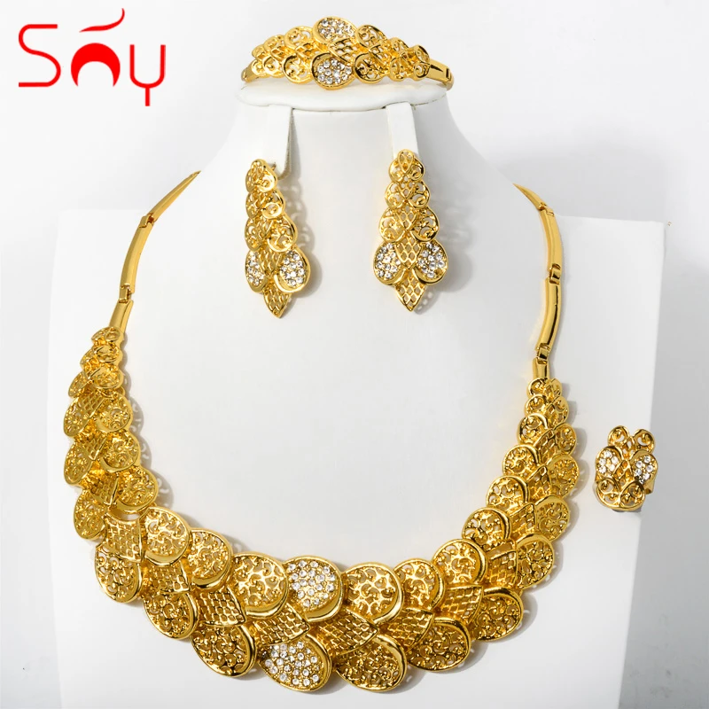 Sunny Jewelry Sets Dubai Bridal Luxury 24K Gold Plated Zircon Earrings Necklace Bracelet Ring Wedding Accessorie Romantic Gift