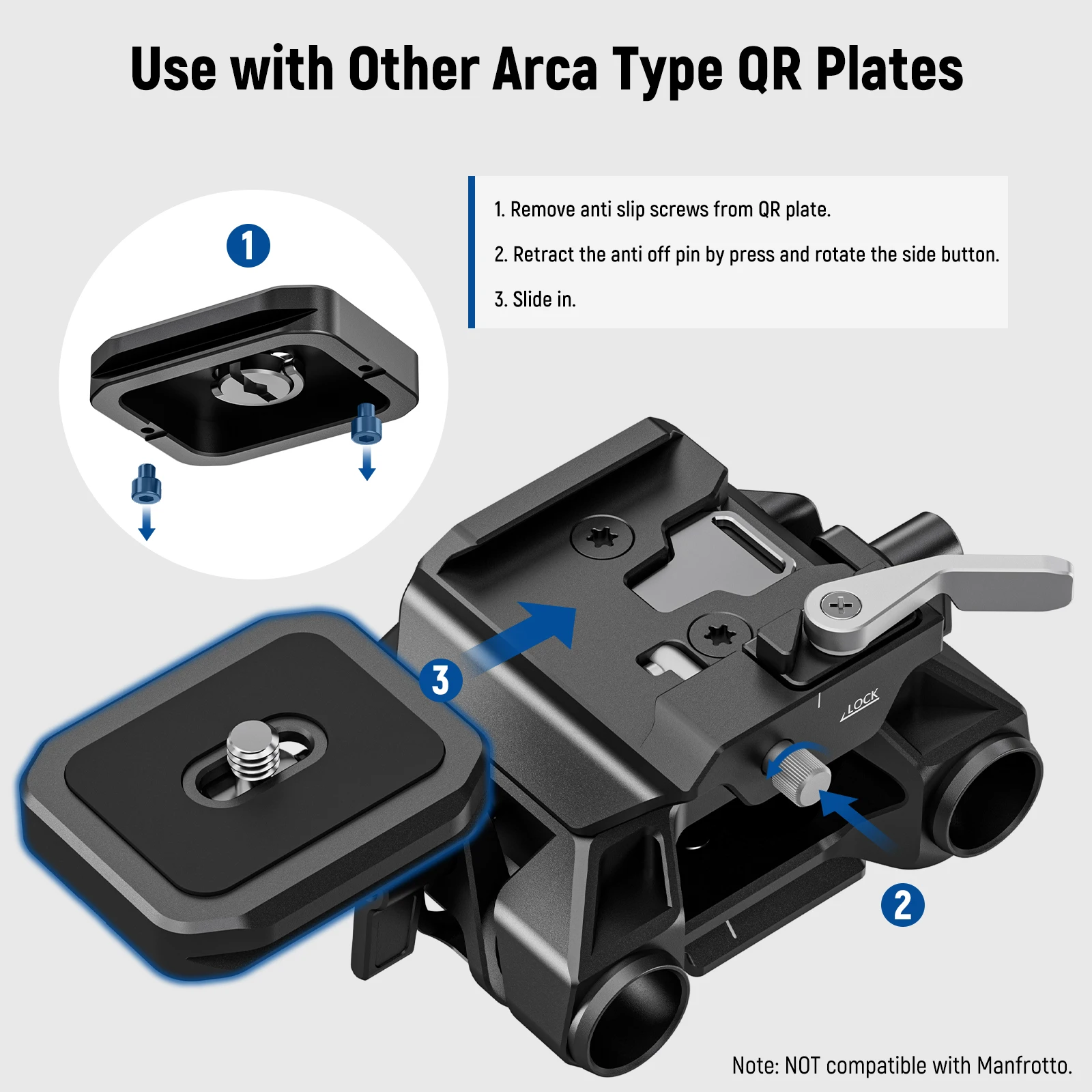 NEEWER 15mm LWS Baseplate with Arca QR Plate & Base, 15mm Rod Clamps, Retractable Anti Off Pin, Compatible with Manfrotto