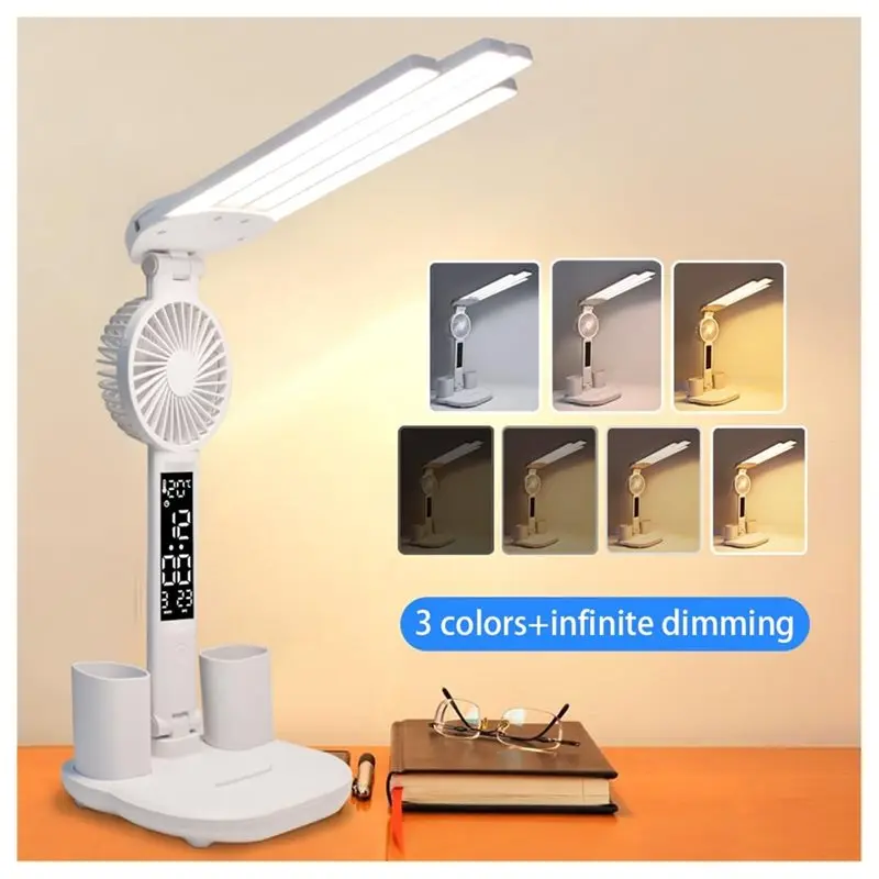 

AB41-Foldable Led Desk Lamp With Fan Clock Light Study 5 Lighting Modes,3 Brightness Levels With Pen Holder